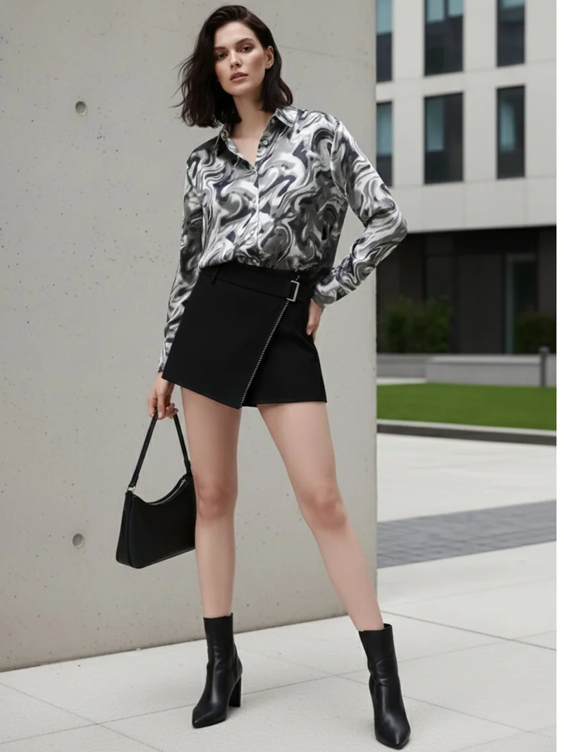 Outzidr Grey Grey Printed Satin Shirt for Women | Best Price UAE